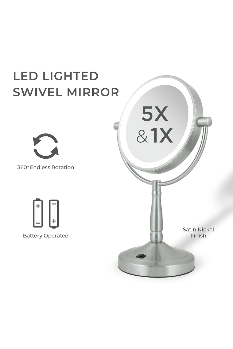 Lighted Makeup Mirror with 5X/1X Magnifications & Cordless, Alternate, color, Satin Nickel