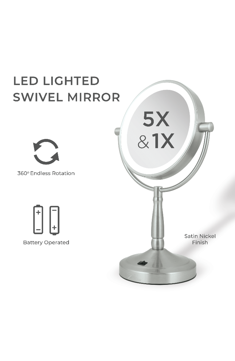 Zadro Lighted Makeup Mirror with 5X/1X Magnifications & Cordless, Alternate, color, Satin Nickel