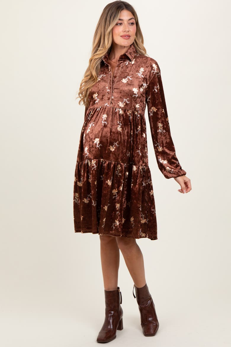 Floral Velvet Button Down Midi Dress, Alternate, color, Brown