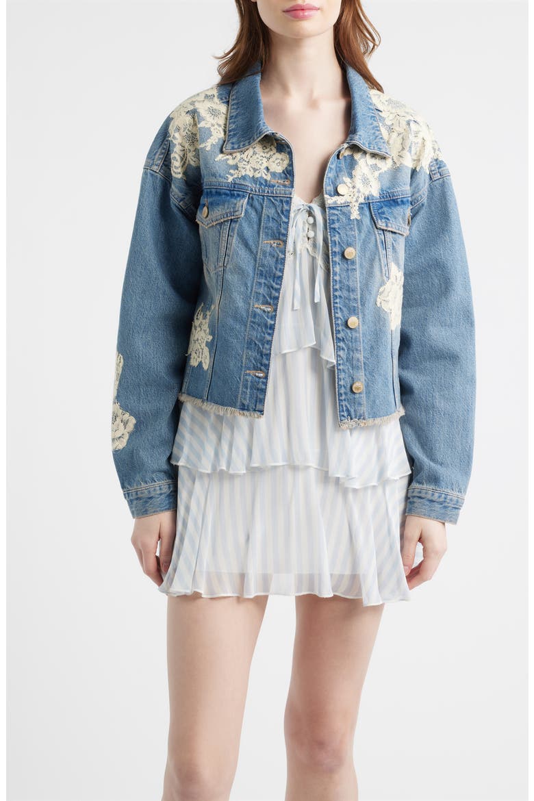 Amana Lace Patch Denim Jacket, Main, color, FADED BLUE