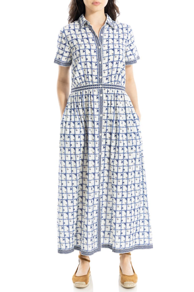 Printed Maxi Shirtdress, Alternate, color, CREAM/ BLUE LEAFY