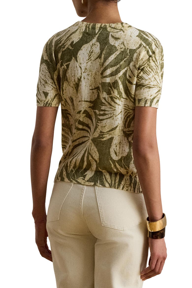 Floral Short Sleeve Linen & Cotton Sweater, Alternate, color, FARM OLIVE GREEN