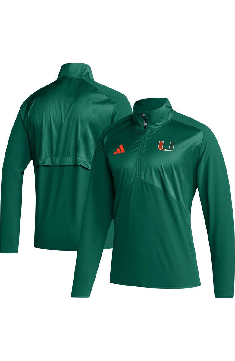 adidas Men's adidas Green Miami Hurricanes Sideline AEROREADY Raglan Sleeve Quarter-Zip Jacket, Main, color, Green