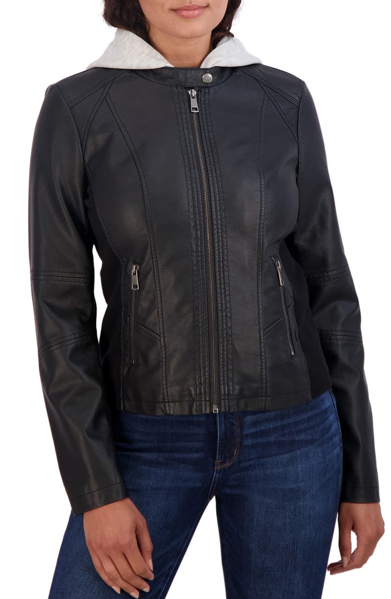 Sebby Fleece Bib Hooded Faux Leather Jacket, Alternate, color, 