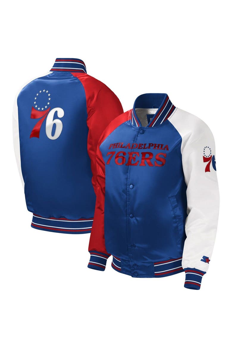 Youth Starter Royal Philadelphia 76ers Raglan Full-Snap Varsity Jacket, Main, color, Royal