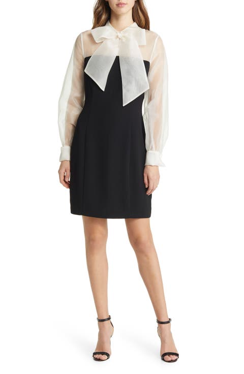 Long Sleeve Organza & Crepe Sheath Dress