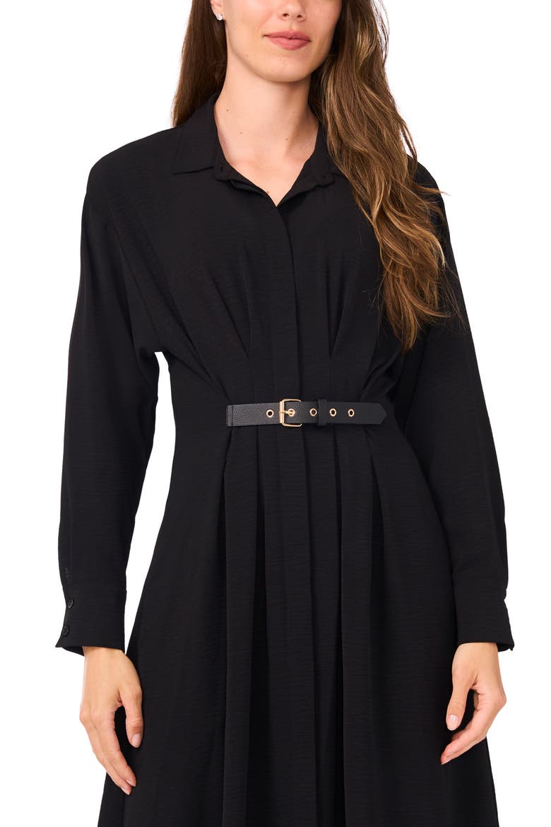 Pleated Long Sleeve Belted Waist Midi Shirtdress, Alternate, color, RICH BLACK 060