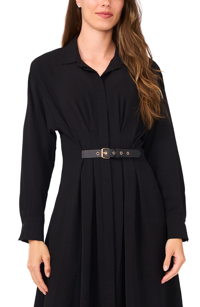 Pleated Long Sleeve Belted Waist Midi Shirtdress