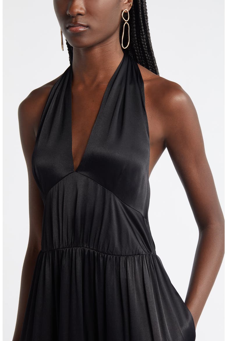 Tiered Satin Halter Maxi Dress, Alternate, color, BLACK