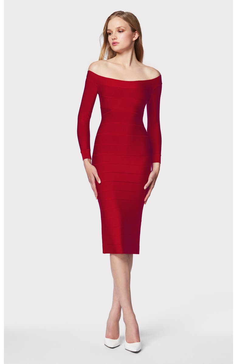 Herve Leger Icon Scoop Neck Midi Dress, Main, color, Cherry