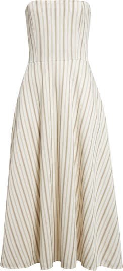 【送関込】Max Mara☆Fervida Striped Midi Dress Sand Fervida belted strapless striped cotton and linen-blend