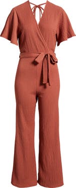 Loveappella Flutter Sleeve Textured Jumpsuit