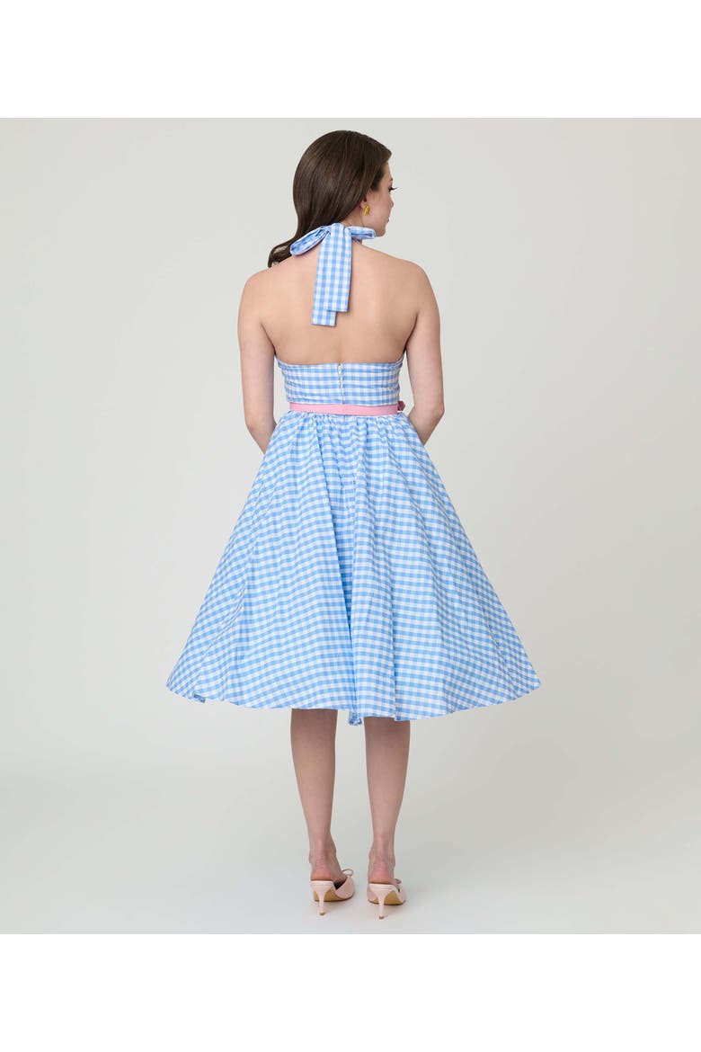 Belted Scallop Front Halter Swing Dress, Alternate, color, Blue Gingham Floral