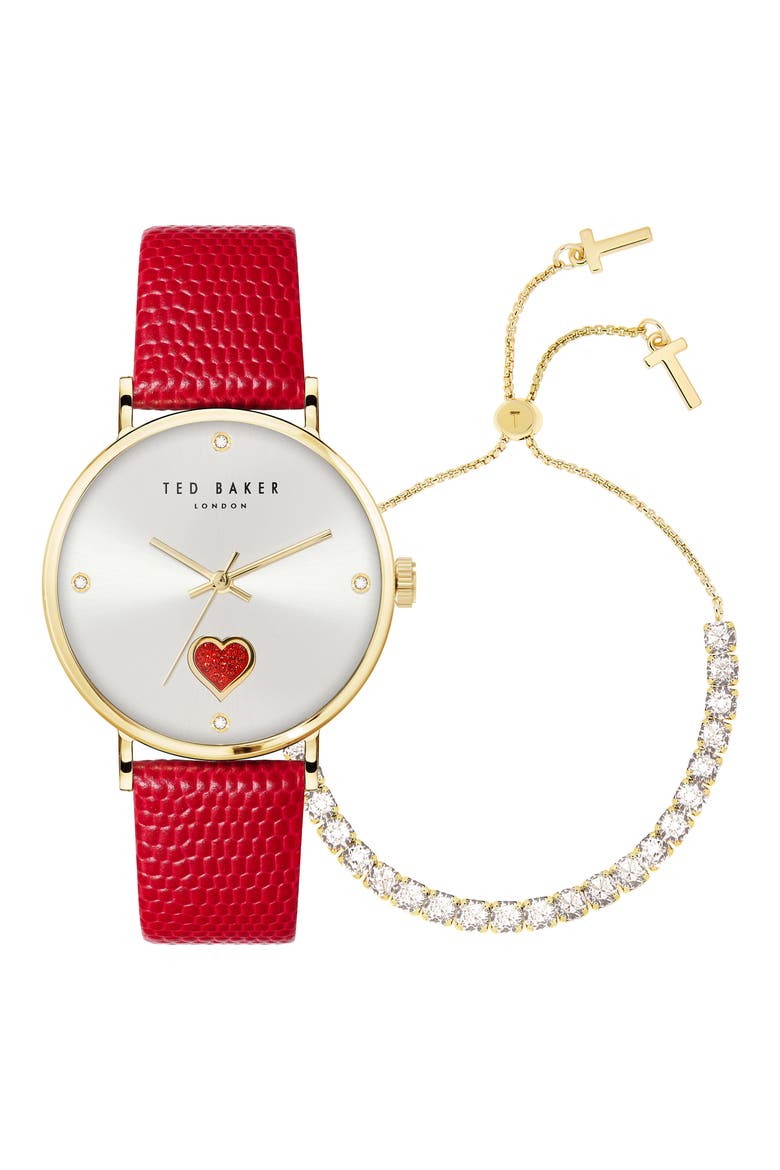 Phylipa Leather Strap Watch & Bracelet Set, 34mm, Main, color, YELLOW GOLD/ SILVER/ RED