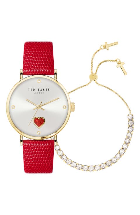 Phylipa Leather Strap Watch & Bracelet Set, 34mm