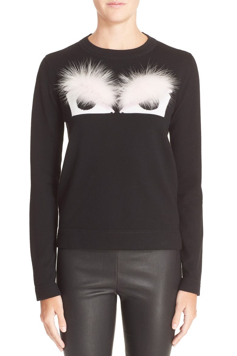 'Buggie' Genuine Fox Fur Trim Wool Sweater, Main, color, BLACK