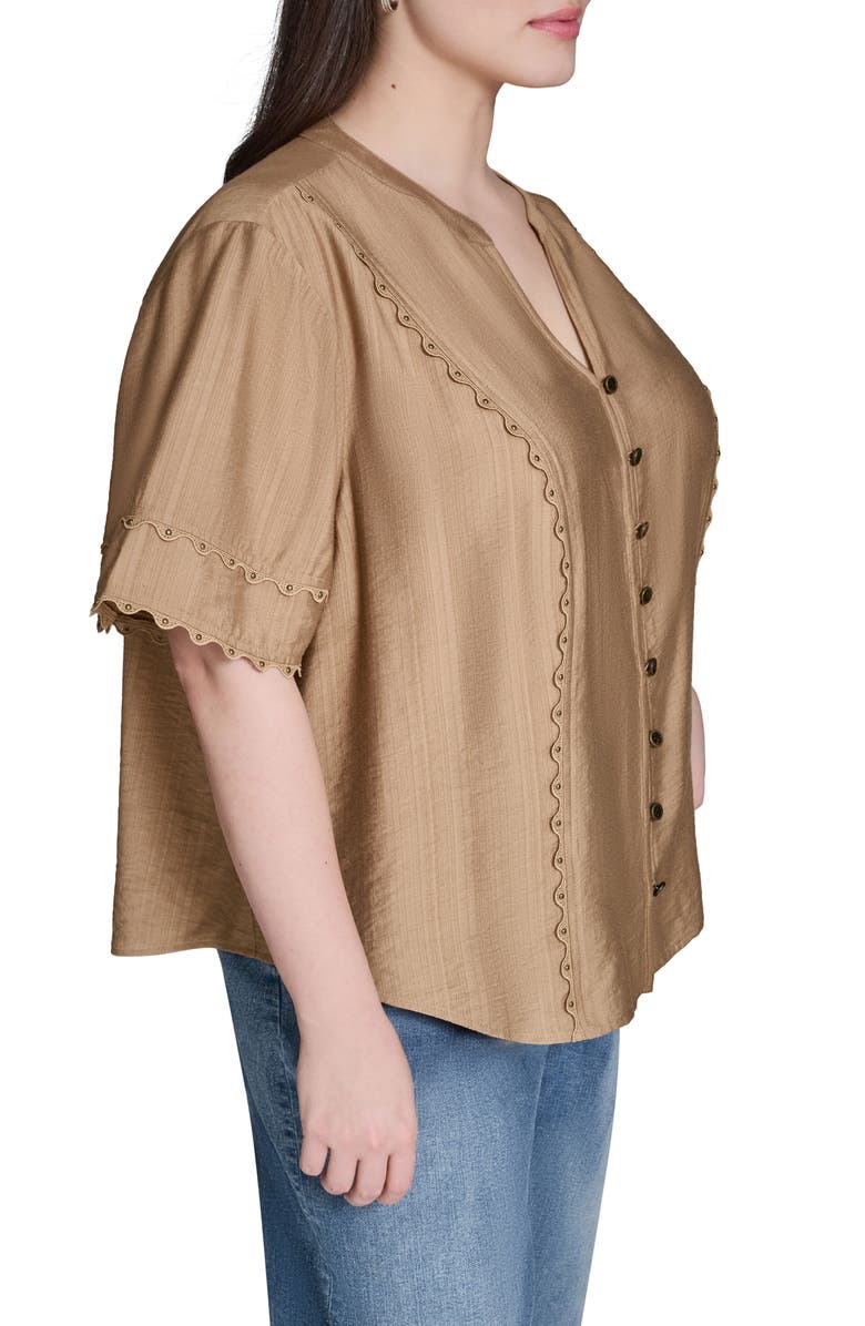 KARL LAGERFELD PARIS Nailhead Stud Detail Metallic Button-Up Shirt, Alternate, color, Cartouche