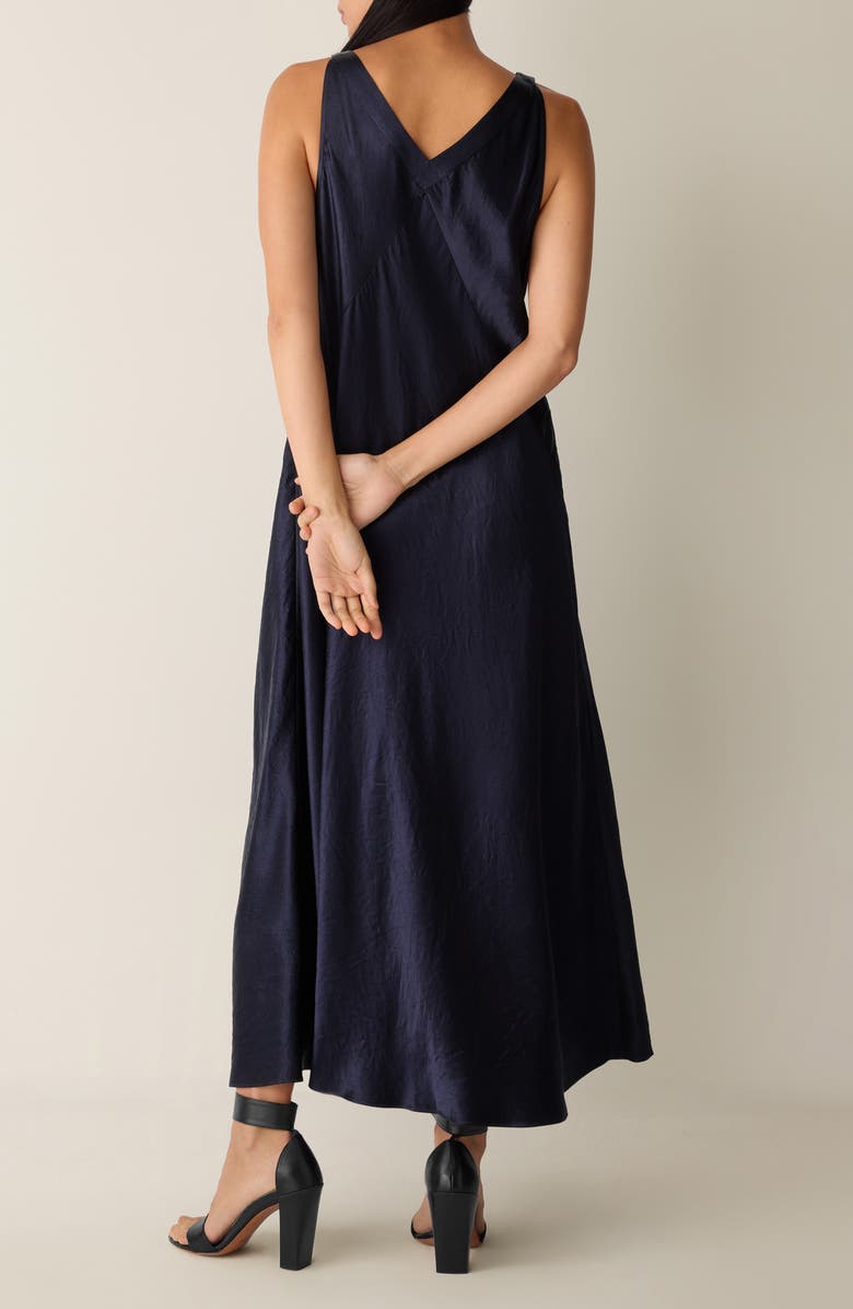 Eileen Fisher V-Neck Crinkled Satin Midi Dress, Alternate, color, Ink