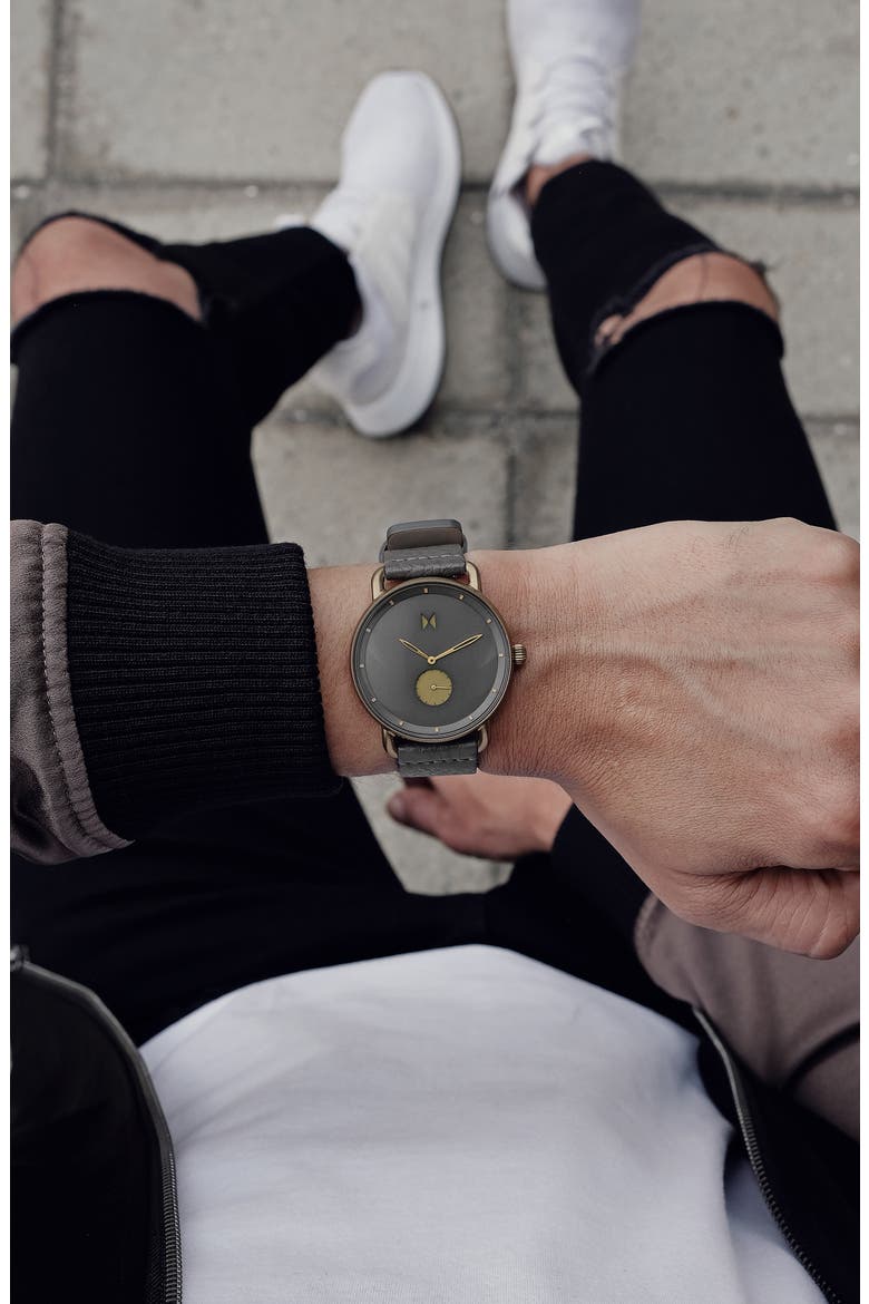 MVMT Revolver Leather Strap Watch, 41mm, Alternate, color, GREY/ BLACK/ ROSE GOLD