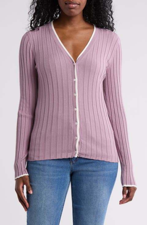 Tipped V-Neck Ribbed Cardigan