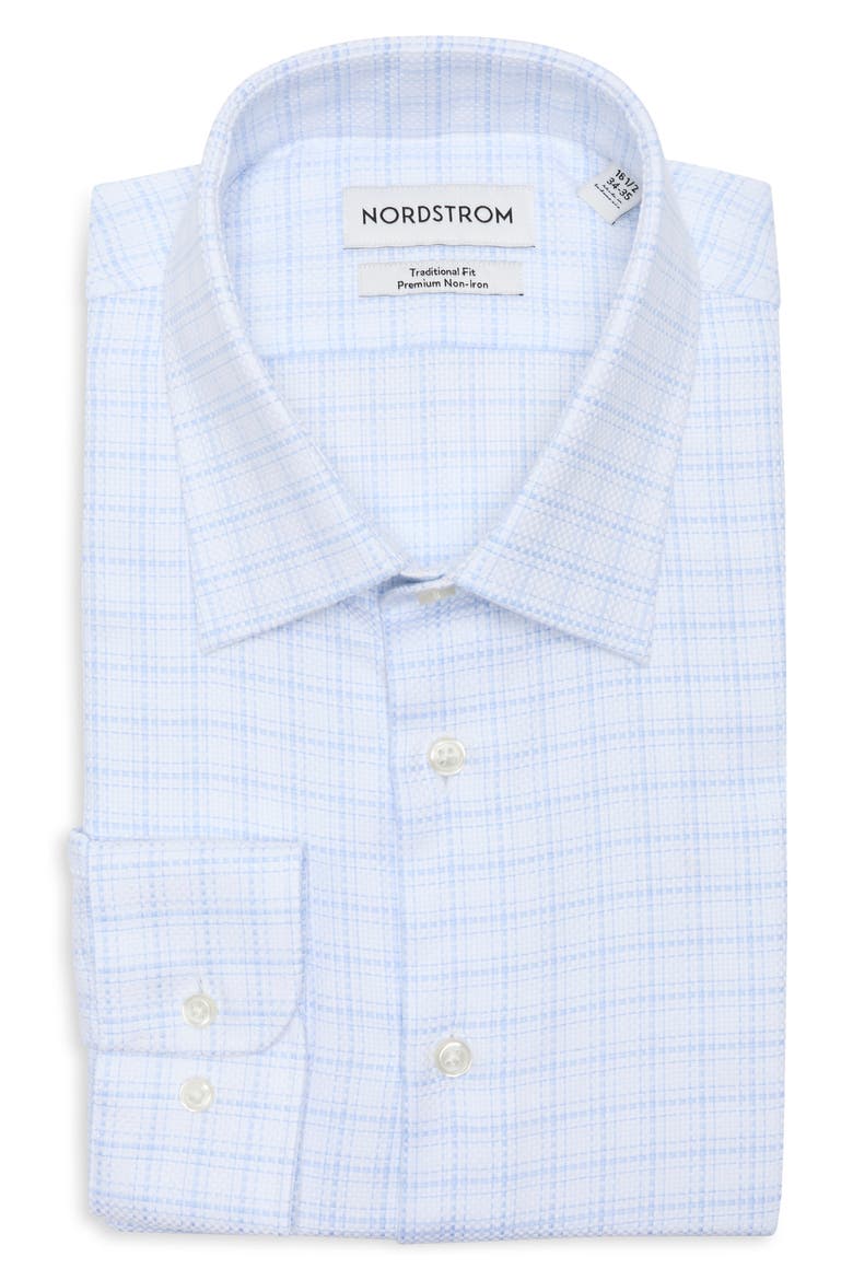 Traditional Fit Check Premium Non-Iron Cotton Dobby Dress Shirt, Main, color, BLUE ELENA GRID