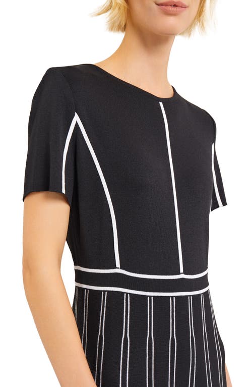 Misook Contrast Striped A-line Soft Knit Midi Dress In Black/white