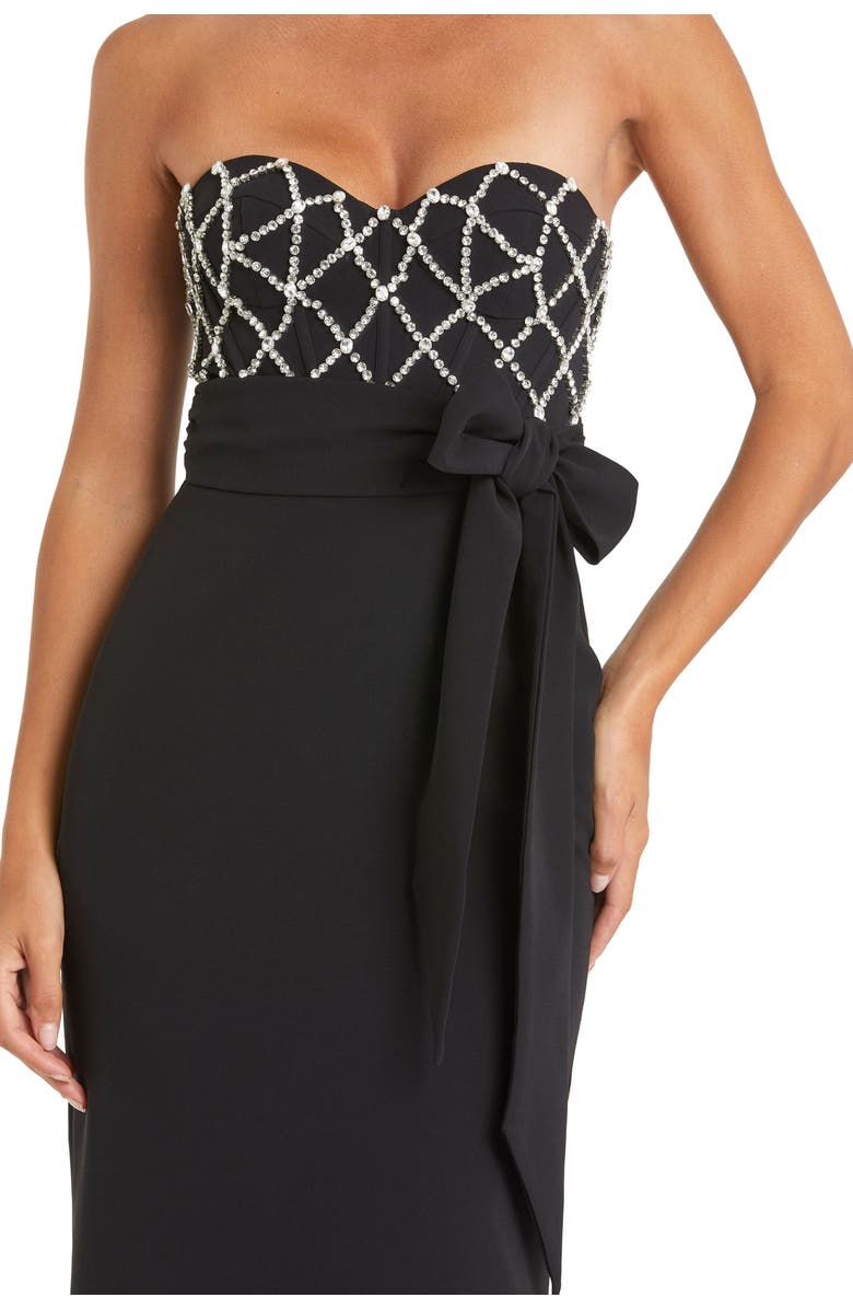 Mac Duggal Strapless Crepe Embellished Bustier Gown With Bow, Alternate, color, Black