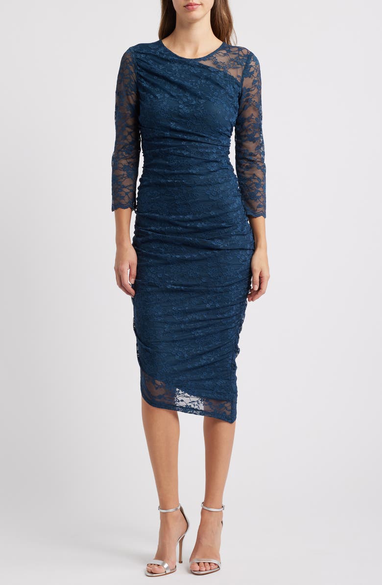 Vince Camuto Long Sleeve Lace Body-Con Dress, Main, color, Peacock