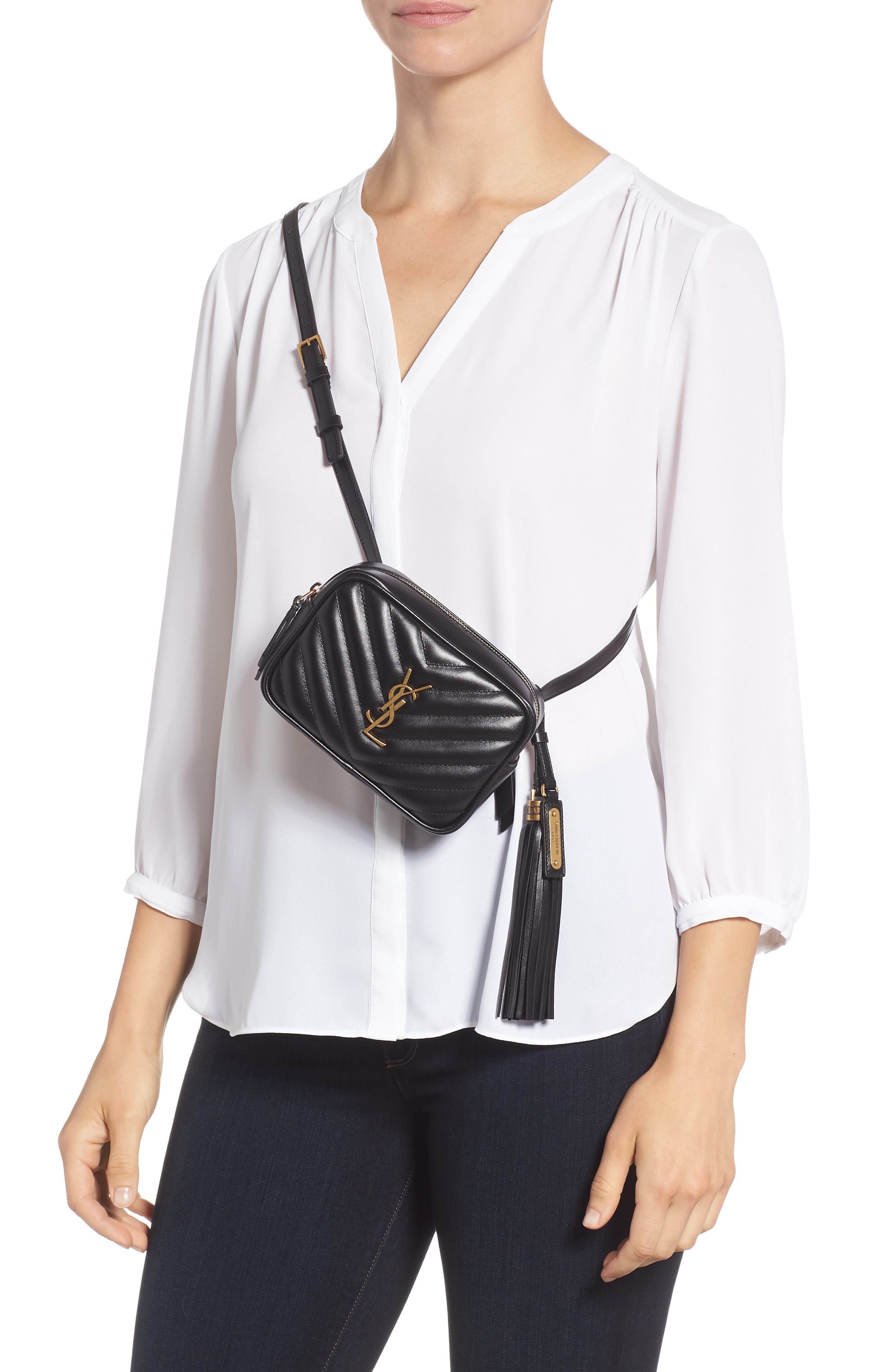 Lou Quilted Leather Belt Bag with Tassel, Alternate, color, NOIR