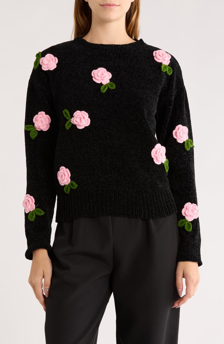 Love By Design Rosie Floral Appliqué Sweater, Main, color, Black/ Peach Beige
