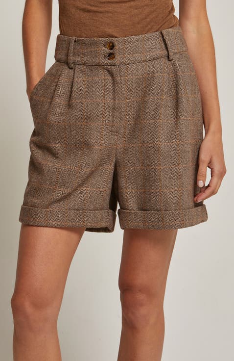 Herringbone Wool Blend Cuffed Shorts
