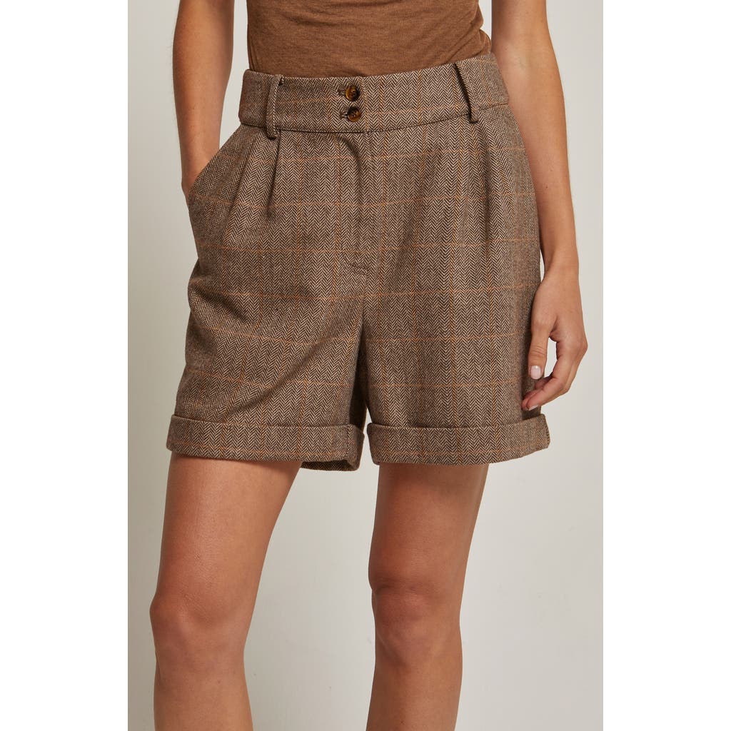 Crescent Herringbone Wool Blend Cuffed Shorts In Brown
