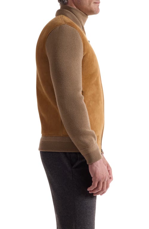 Bugatchi Genuine Shearling & Merino Wool Rib Bomber Jacket In Brown