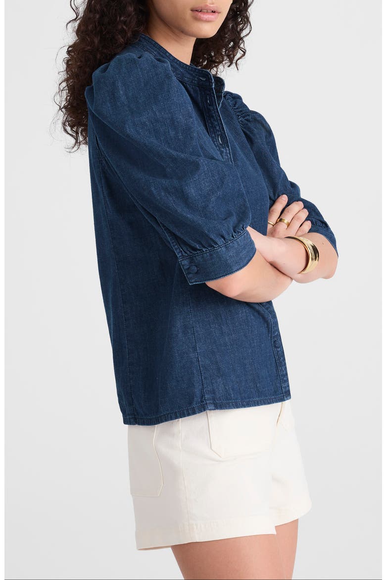 Denim Puff Sleeve Band Collar Shirt, Alternate, color, PLUMVILLE WASH