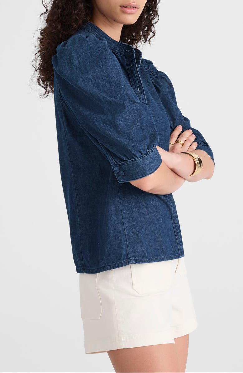 Denim Puff Sleeve Band Collar Shirt