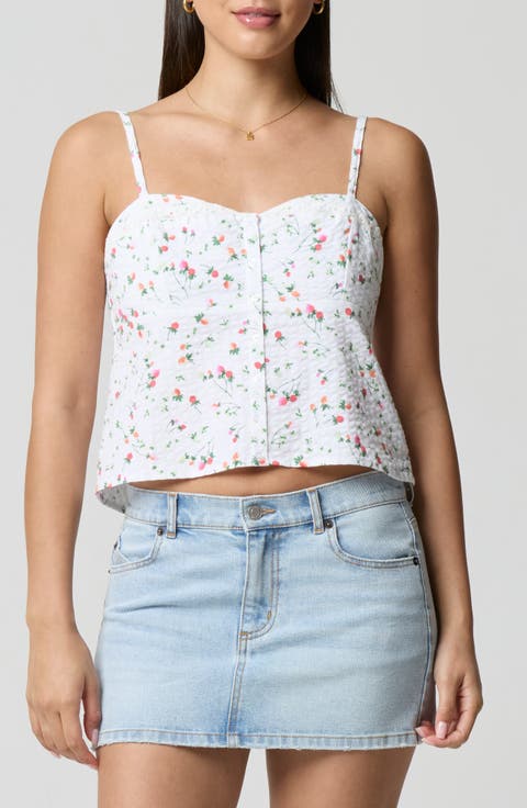 Lace Trim Gingham Crop Stretch Cotton Camisole