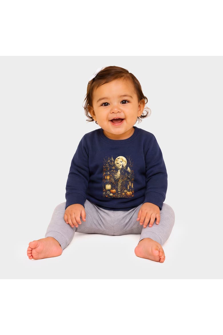 Halloween House and Moon Infant Crew Fleece Sweatshirt, Main, color, Navy