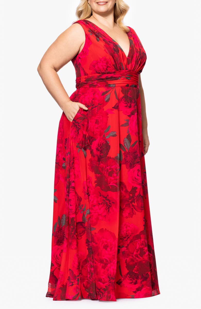Betsy & Adam Floral A-Line Gown, Alternate, color, Red/ Multi