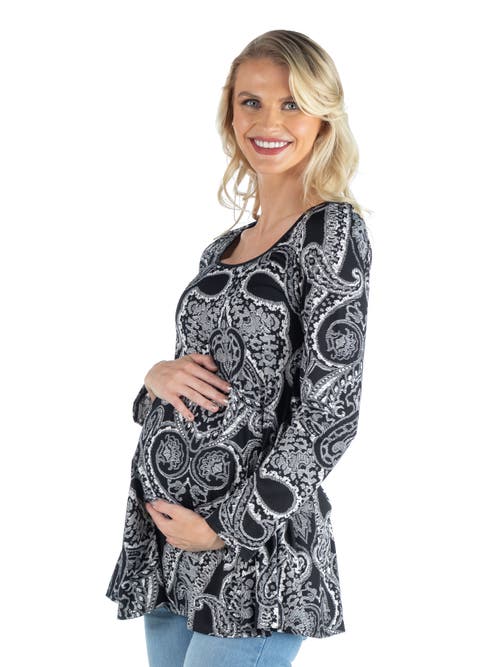 24seven Comfort Apparel Maternity Black Paisley Long Sleeve Tunic Top In Multi
