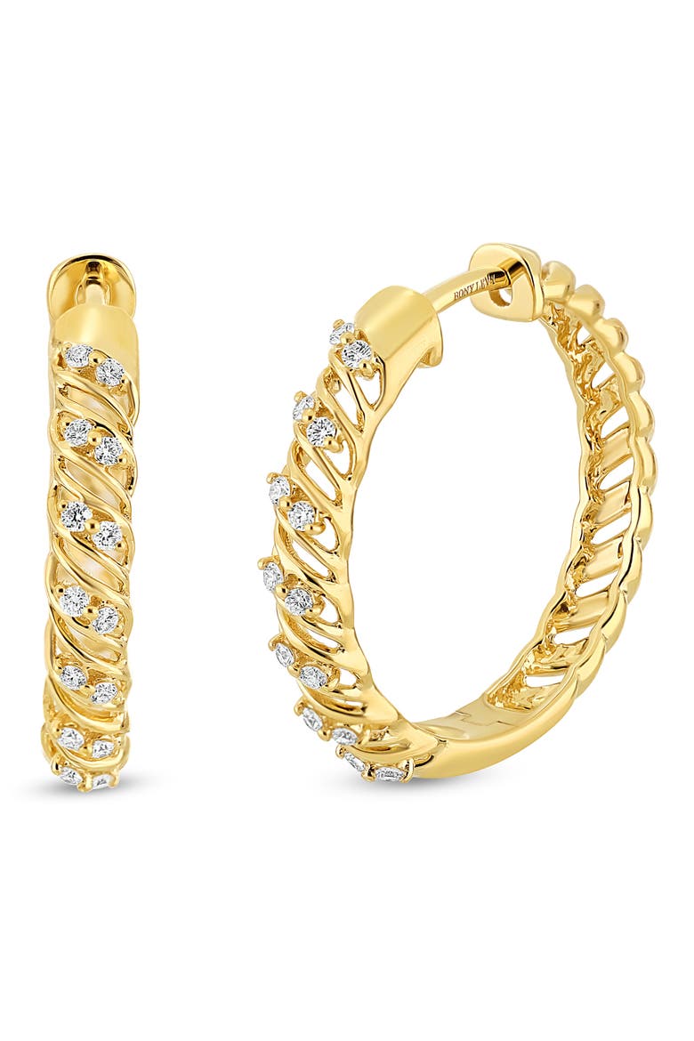 18K Gold Florentine Diamond Hoop Earrings, 17mm (Online Trunk Show), Main, color, 18K YELLOW GOLD/ DIAMOND