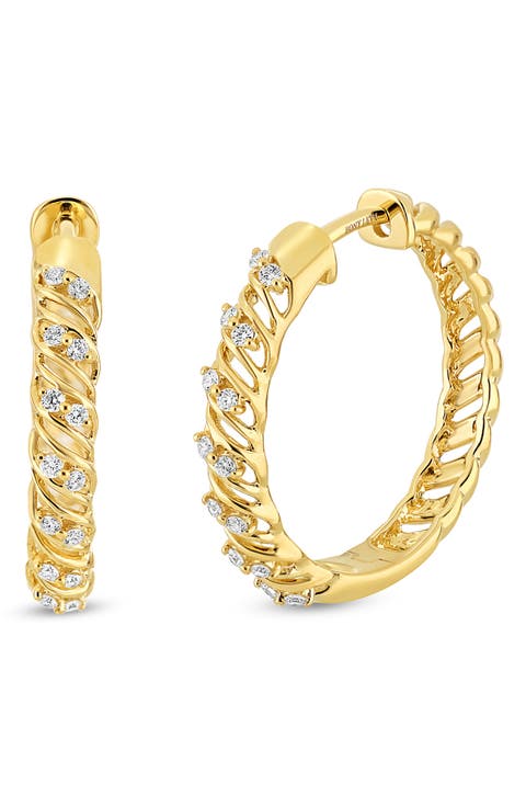 18K Gold 17mm Florentine Diamond Hoop Earrings