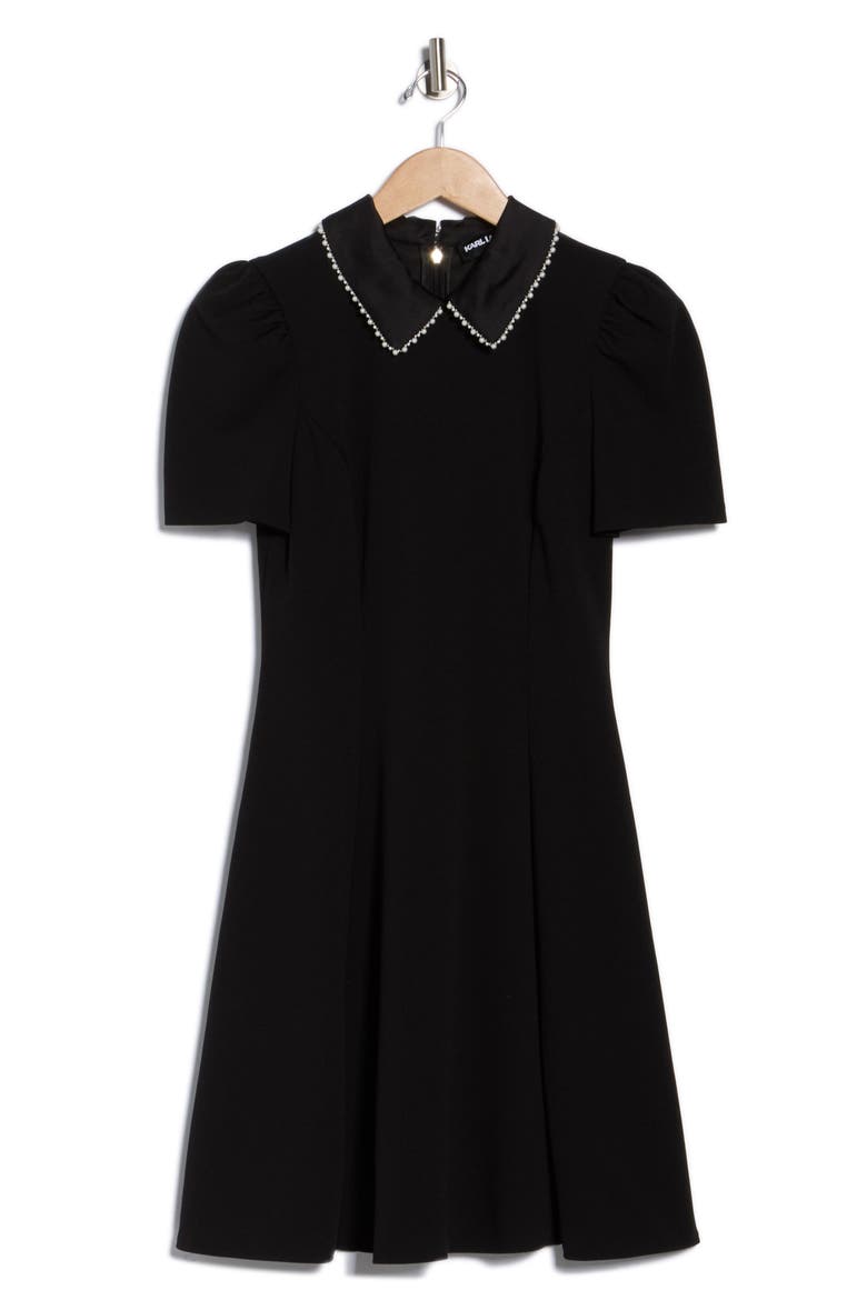 karl lagerfeld black dress with pearls KARL LAGERFELD PARIS Dotted Scuba Crepe Round Neck Short Puff Sleeve Pearl  Bow Sheath Dress