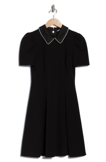 Karl Lagerfeld Paris Faux Pearl Embellished Collar A-line Dress In Black