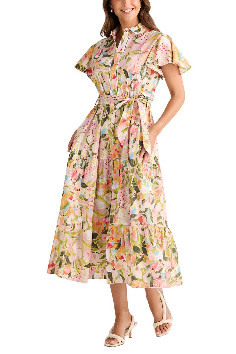 Alice Floral Flutter Sleeve Tiered Cotton Shirtdress, Alternate, color, ZOES GARDEN