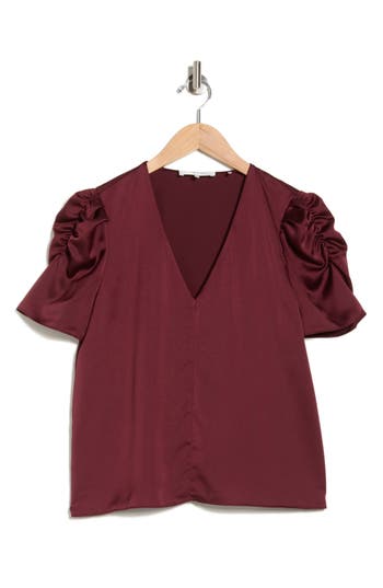 Frame Denim The V-neck Puff Sleeve Blouse In Burgundy