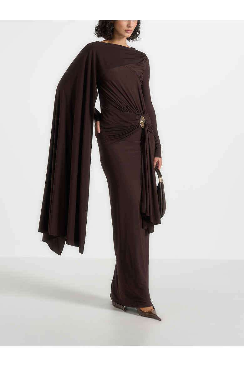 Edena Asymmetric Ruched Draped Maxi Dress, Main, color, Brown