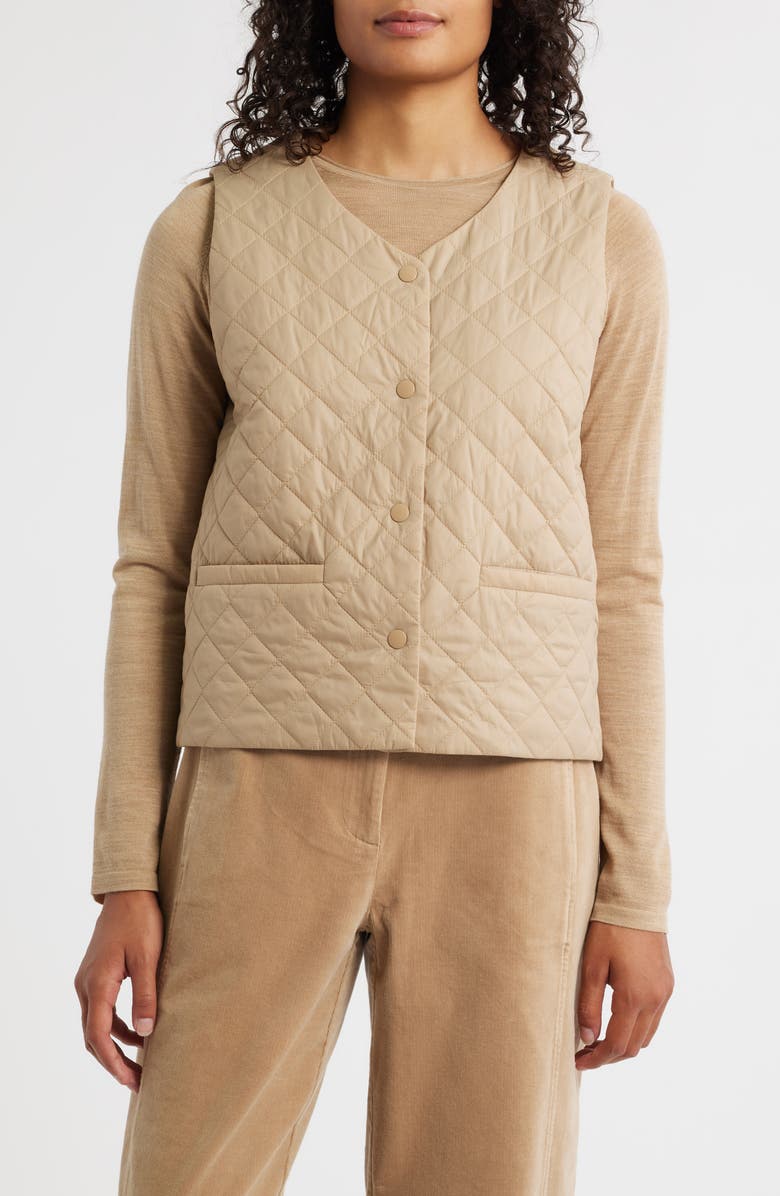 Eileen Fisher V-Neck Quilted Vest, Alternate, color, Biscuit
