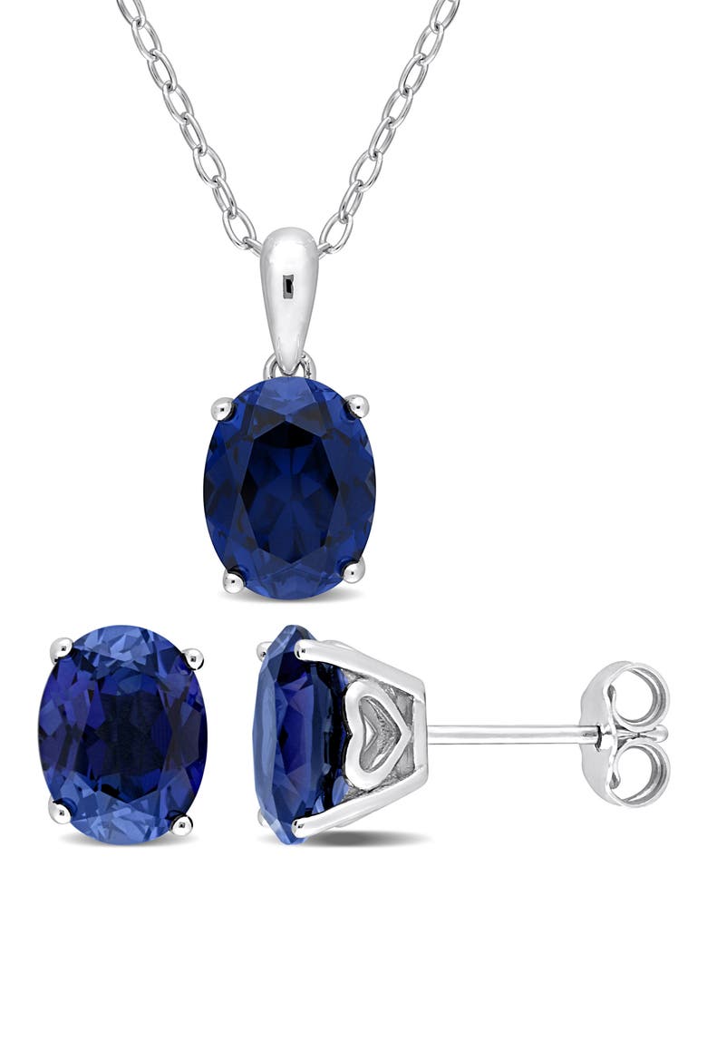 Oval Created Sapphire Stud Earrings & Necklace Set, Main, color, BLUE
