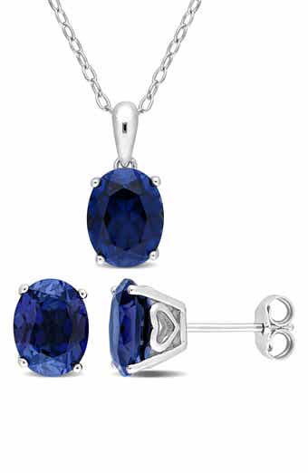 Oval Created Sapphire Stud Earrings & Necklace Set