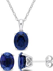 DELMAR Oval Created Sapphire Stud Earrings & Necklace Set